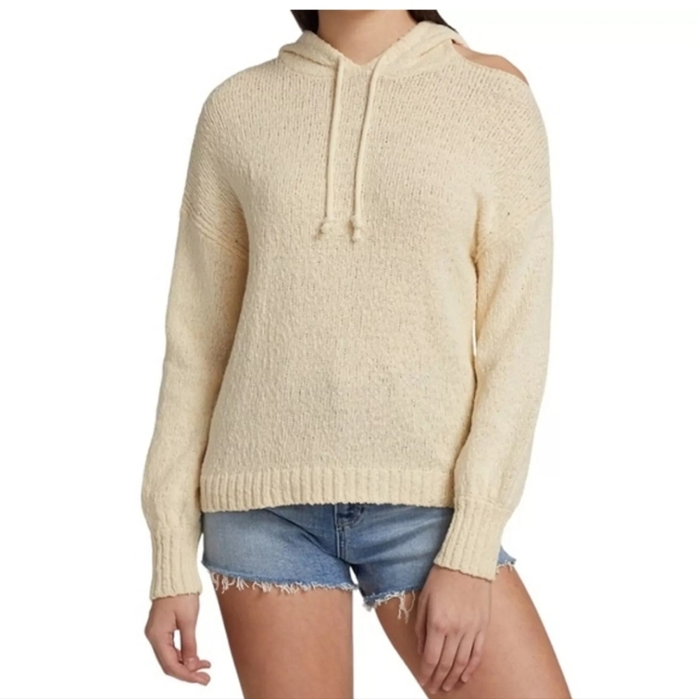 PAIGE‎ Hooded Knit Sweater Pullover Open Shoulder Cream Beige, Relaxed Casual m
